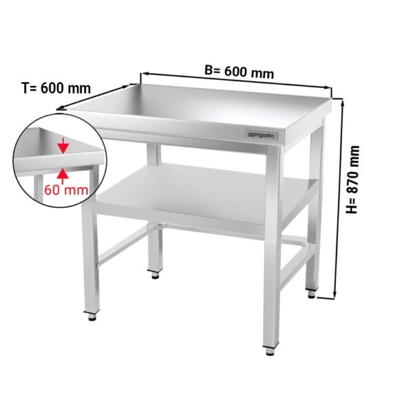 Nerezový pracovný stôl PREMIUM - 600x600mm - so základňou a vzperami