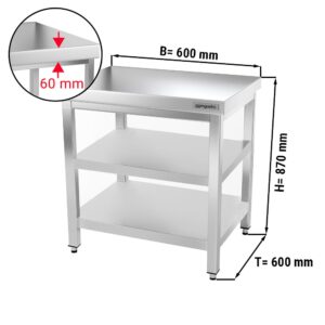 Nerezový pracovný stôl PREMIUM - 600x600mm - so základnou policou a medzipoličkou