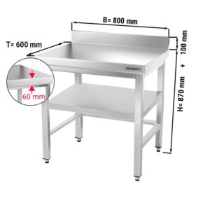 Nerezový pracovný stôl PREMIUM - 800x600mm - s podnožou, podperou a podperou