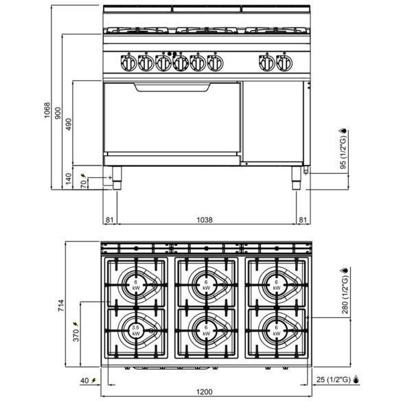 Plynový sporák - 33,5 kW - 6 horákov - vrátane elektrickej rúry statickej - 7,5 kW - Image 2