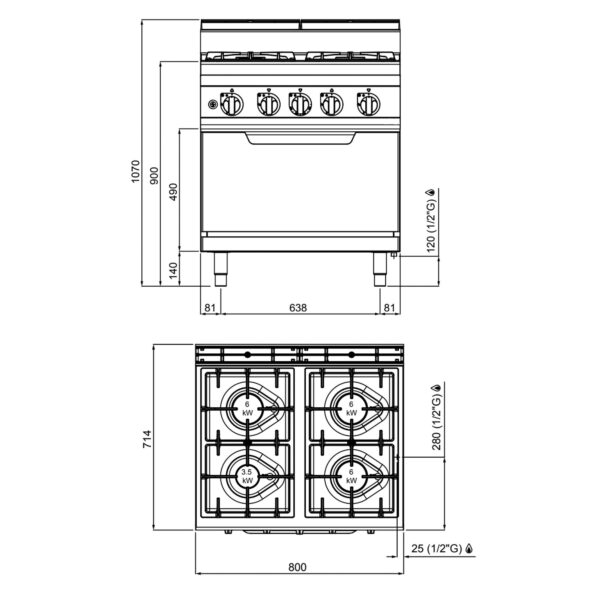 Plynový sporák - 21,5 kW - 4 horáky - vrátane plynovej rúry - 7,8 kW - Image 4