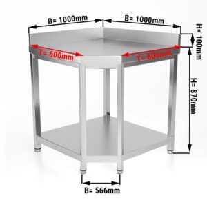 Nerezový rohový pracovný stôl PREMIUM - 1000x600mm - s podnožou a podstavcom
