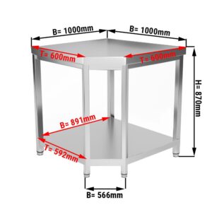 Nerezový rohový pracovný stôl PREMIUM - 1000x600mm - s podnožou bez podstavca