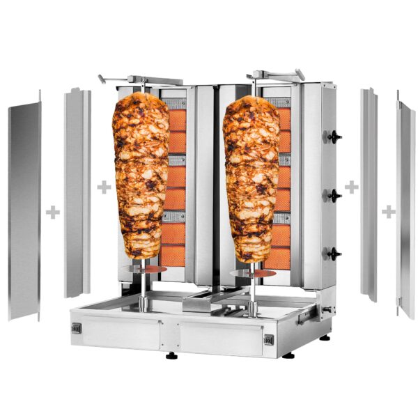 Plynový gril na kebab gyros/doner - 3+3 horáky- max 80 kg - vrátane 2 krytov a 2 krídlových dverí