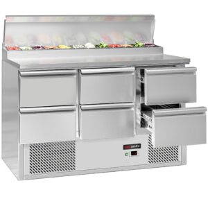 Pizza chladiaci stôl s chladiacou vitrínou 1,37 x 0,7 m / Prípravný stôl 6 zásuviek