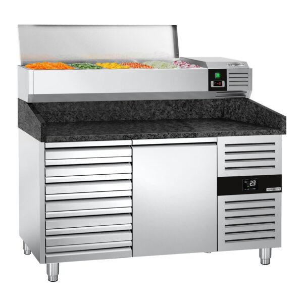 Chladiaci stôl na pizzu PREMIUM - 1500x800mm - s 1 dvierkami a 7 zásuvkami - vrátane chladiacej vitríny - 7x GN 1/4 - Image 7