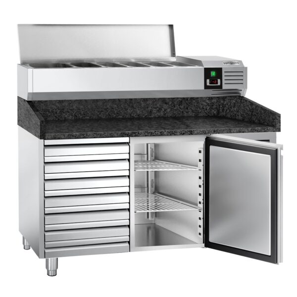 Chladiaci stôl na pizzu PREMIUM - 1500x800mm - s 1 dvierkami a 7 zásuvkami - vrátane chladiacej vitríny - 7x GN 1/4 - Image 6