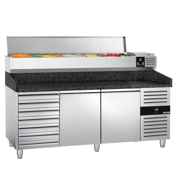 Chladiaci stôl na pizzu PREMIUM - 2000x800mm - s 2 dvierkami & 7 zásuvkami - vrátane chladiacej vitríny - 10x GN 1/4 - Image 5