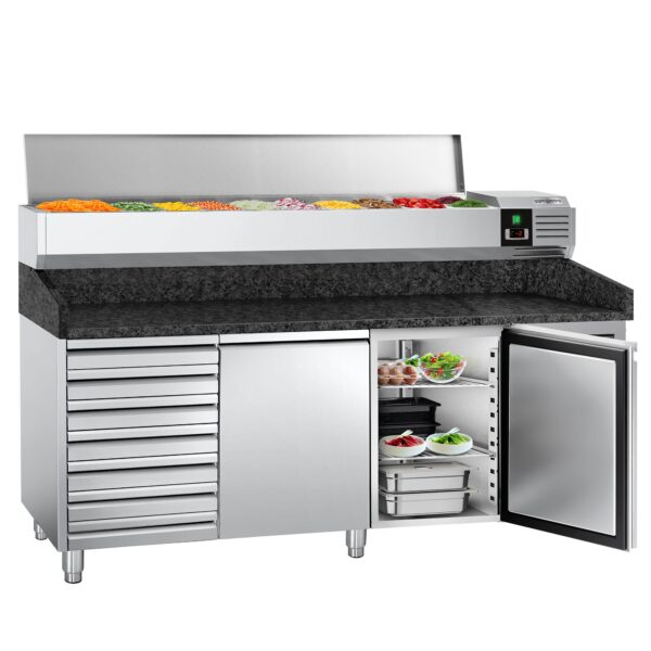 Chladiaci stôl na pizzu PREMIUM - 2000x800mm - s 2 dvierkami & 7 zásuvkami - vrátane chladiacej vitríny - 10x GN 1/4