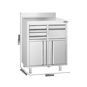 Pracovná skrinka - na kávovar - 800x600 mm - s klopadlom, 2 zásuvkami, 2 dvierkami a zvýšeným obložením