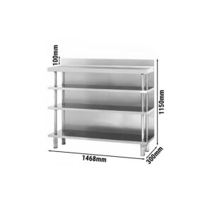 Barový pracovný stôl - nehrdzavejúca oceľ - 1468x300mm - so 4 policami