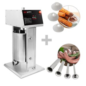 Elektrická plnička klobás a stroj na churro - 25 litrov - 180 wattov - nehrdzavejúca oceľ - obsahuje 4 plničky klobás a 3 nadstavce na churro
