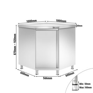 Rohová pracovná skrinka z nehrdzavejúcej ocele PREMIUM s výklopnými dverami 1000x600 mm
