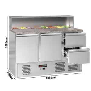 ECO saladety misa – 1368 mm – 2 dvierka a 2 zásuvky – s nerezovou doskou pre 8x GN 1/6