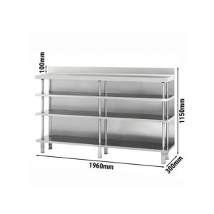 Barový pracovný stôl - nehrdzavejúca oceľ - 1960x300mm - so 4 policami