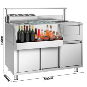 Stôl na prípravu koktailov - nehrdzavejúca oceľ - 1200x720 mm - s 2 posuvnými dverami