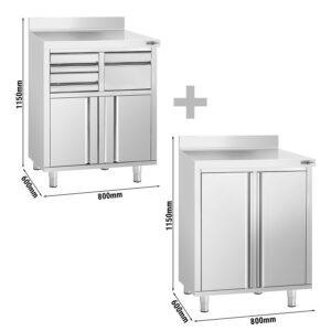 2x pracovné skrinky na kávovar - 800x600 mm - s výklopnými dvierkami, zásuvkami, klopadlom a zvýšeným obložením