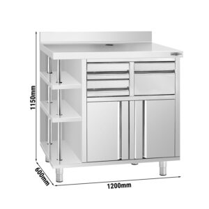 Pracovná skrinka - na kávovar - 1000x600 mm - s klopadlom, 2 zásuvkami, 2 dvierkami a zvýšeným obložením