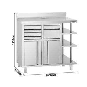 Pracovná skrinka - na kávovar - 1000x600 mm - s klopadlom, 2 zásuvkami, 2 dvierkami a zvýšeným obložením