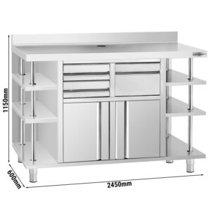 Pracovná skrinka - na kávovar - 2450x600 mm - s klopadlom, 2 zásuvkami, 2 dvierkami a zvýšeným obložením