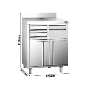 Pracovná skrinka - na kávovar - 820x600 mm - s klopadlom, 2 zásuvkami, 2 dvierkami a zvýšeným obložením