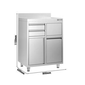 Pracovná skrinka - pre kávovar - 800x600 mm - s 2 zásuvkami, 1 dvierkami, odpadkovým košom a zvýšeným lemom