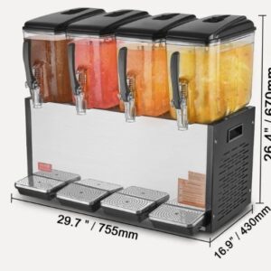 Dávkovač nápojov so 4 nádržami, dávkovač džúsu 12 l (na nádrž), 510 W nerezový stroj na ľadový čaj s teplotou chladenia 7-12 °C, na studené nápoje, reštaurácie, bary, párty, bufety, catering