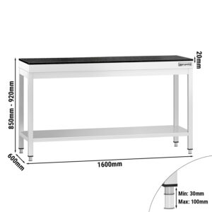 Pracovný stôl z nehrdzavejúcej ocele PREMIUM - 1600x600 mm - so základnou policou - vrátane žulovej pracovnej dosky