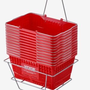 Nákupný košík sada 12 kusov, 21 l odolný plastový nákupný košík s kovovou rukoväťou a stojanom, 42 x 30 x 21 cm, prenosný nákupný košík na nákupy potravín v maloobchode, supermarkete