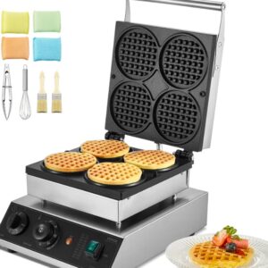 Komerčný vaflovač, belgický vaflovač z nehrdzavejúcej ocele, 1750 W, nepriľnavý povrch, s reguláciou teploty a času, pre reštaurácie, pekárne, snack bary, 4 okrúhle vafle