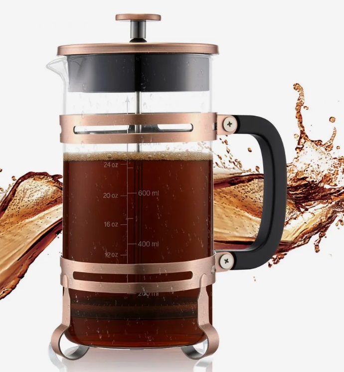 Kávovar French Press, 1 l kávovar vyrobený z borosilikátového skla, čajník s filtrom z nehrdzavejúcej ocele, kávovar na kempovanie, cestovanie, kuchyňu, reštauráciu, kávovar meď (farebný)
