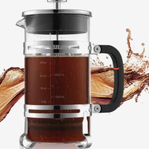 Kávovar French Press, 1 l kávovar vyrobený z borosilikátového skla s filtrom z nehrdzavejúcej ocele, kávovar na kempovanie, cestovanie, kuchyňu, reštauráciu, kávovar strieborný