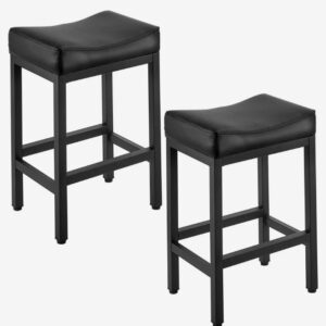 Sada 2 barových stoličiek, barové stoličky z umelej kože, 62 cm barová stolička so sedadlom a kovovými nohami, ľahko zostaviteľná barová stolička bez operadla, ostrovčeková barová stolička do kuchyne, jedálne, kaviarne, čierna
