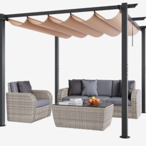 Pergola 10'x10' zaťahovacia vonkajšia pergola so strieškou, hliníková pergola s zaťahovacou strieškou, moderná pergola so slnečnou strechou na terasy, záhrady, verandy, dvory (béžová)