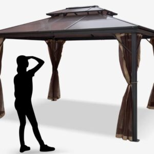 Strešný pavilón s rozmermi 3 x 3 m, Vodotesný a dvojvrstvový záhradný pavilón, Skladací pavilón s hliníkovým rámom odolným voči hrdzi, UV ochrana a sieťka proti hmyzu v hnedej farbe pre 6-8 osôb