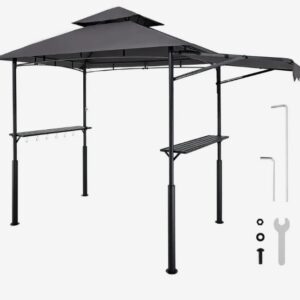 Altánok BBQ, 2430x1500x500 mm, Vonkajší gril s prístreškom, 2-úrovňový záhradný altánok s prístreškom, Dvojitá strecha záhradného altánku so zosilnenými podpornými nohami a markízou, na terasu, dvor a záhradu