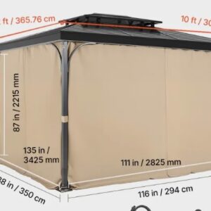 Záves na altánok 2825x342x2215 mm, 4-panelové bočné závesy na súkromie so zipsami, slnečné závesy ako náhrada za terasový prístrešok, dostupné IBA závesy, khaki