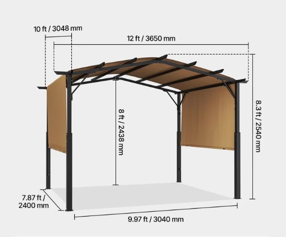 Pergola 3650x3048x2540mm, záhradná pergola s klenutou strechou, zaťahovací altánok so slnečnou strechou, veľký terasový altánok, ideálny na terasu, dvor, verandu, bazén – Obrázok 2