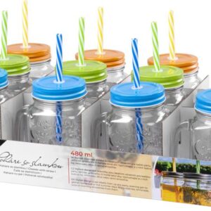 Pohár MagicHome, sklenený, so slamkou, s farebným viečkom, sklo, 480 ml, Sellbox 12 ks