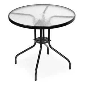 Okrúhly záhradný stôl 80 cm na terasu, záhradu, balkón, tvrdené sklo, otvor na slnečník, MultiGarden