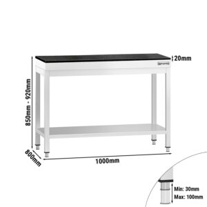 Prémiový pracovný stôl z nehrdzavejúcej ocele – 1000 x 800 mm – so základnou policou – vrátane žulovej pracovnej dosky