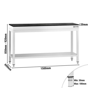 Pracovný stôl z nehrdzavejúcej ocele PREMIUM - 1500x600 mm - so základnou policou - vrátane žulovej pracovnej dosky