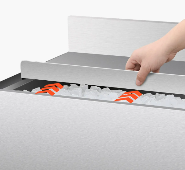 Nádoba na ľad 95,3 l, pod kuchynskú linku (913 x 483 x 937 mm), nerezová oceľ, s posuvným vekom a nastaviteľnými guľovými nožičkami, strieborný – Obrázok 3