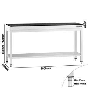 Pracovný stôl PREMIUM z nehrdzavejúcej ocele - 2000x800 mm - s poličkou pod kuchynskou linkou - vrátane žulovej pracovnej dosky