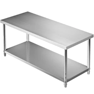 Komerčný nerezový pracovný stôl 183 x 76 x 86 cm, dvojúrovňový nerezový pracovný stôl, demontážny stôl, catering, nosnosť 150 kg + 100 kg, komerčný kuchynský stôl, výškovo nastaviteľný prípravný stôl