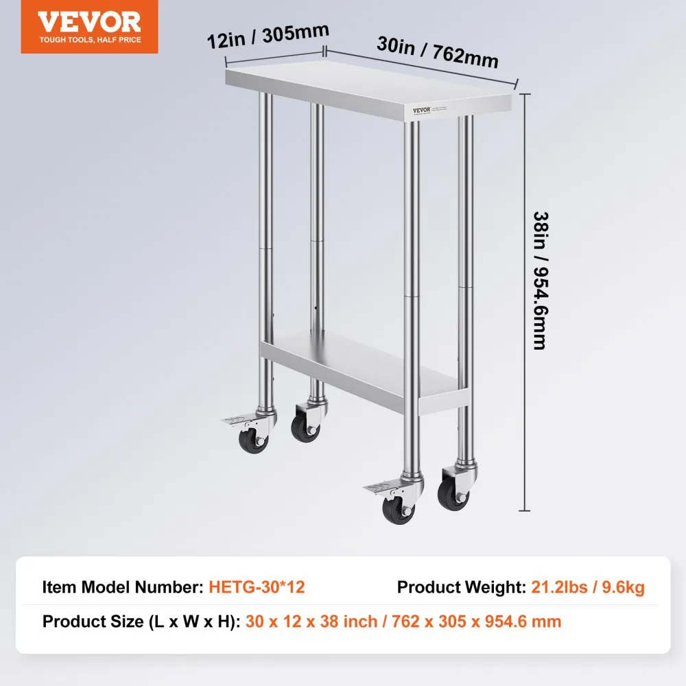 Pracovný stôl na prípravu jedál z nehrdzavejúcej ocele, pracovný stôl so 4 kolieskami, 3 nastaviteľné výšky, 762 x 305 x 954,6 mm, pracovný stôl na prípravu jedál pre komerčné reštaurácie – Obrázok 2