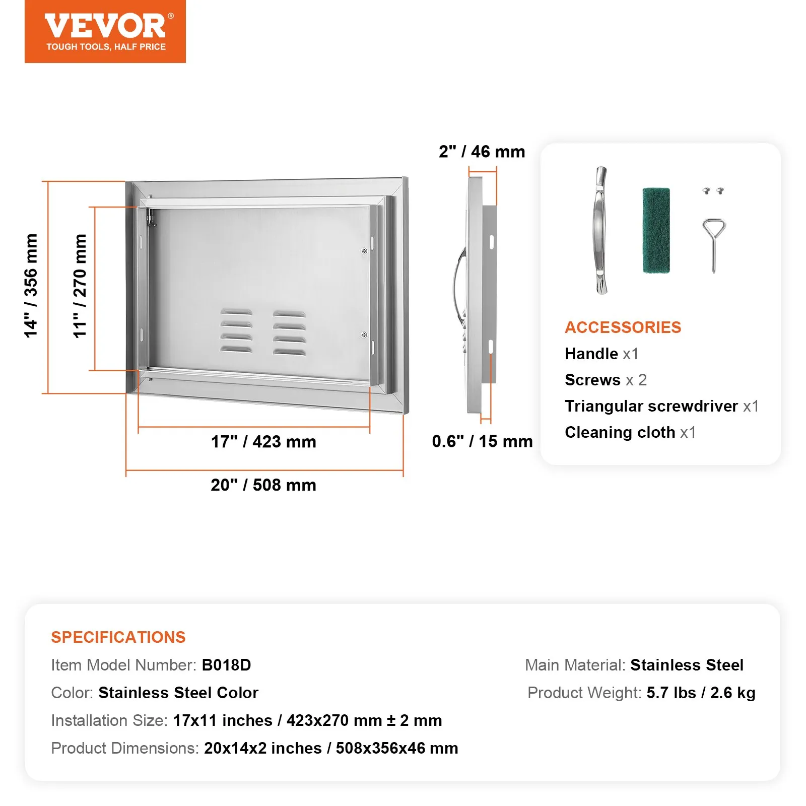 Prístupové dvierka ku grilu 508 x 356 mm, Jednoduché vonkajšie kuchynské dvierka, Zapustené dvierka z nehrdzavejúcej ocele, Zvislé nástenné dvierka s úchytkou a vetracími otvormi, pre grilovací ostrovček, grilovaciu stanicu, vonkajšiu skrinku – Obrázok 5