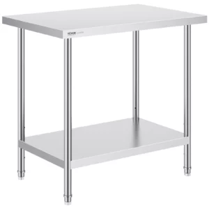 Nerezový pracovný stôl  61 x 91 x 86 cm, nosnosť 340 kg, robustný kovový pracovný stôl s 3 nastaviteľnými výškovými úrovňami, komerčné pracovisko do kuchyne, garáže, reštaurácie, na dvor