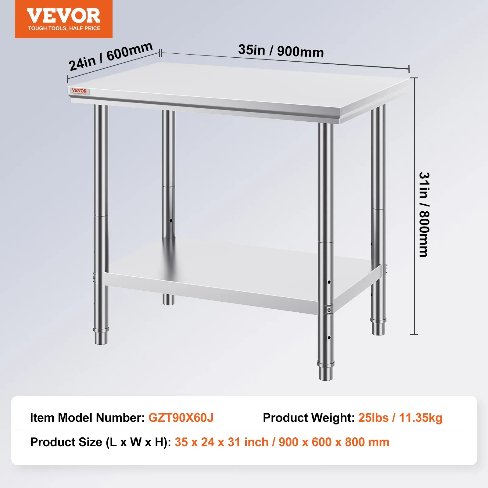 Pracovný stôl z nehrdzavejúcej ocele 900 x 600 x 70 mm na prípravu jedla, šitie, pranie, tvorenie, použitie v garáži atď. – Obrázok 4