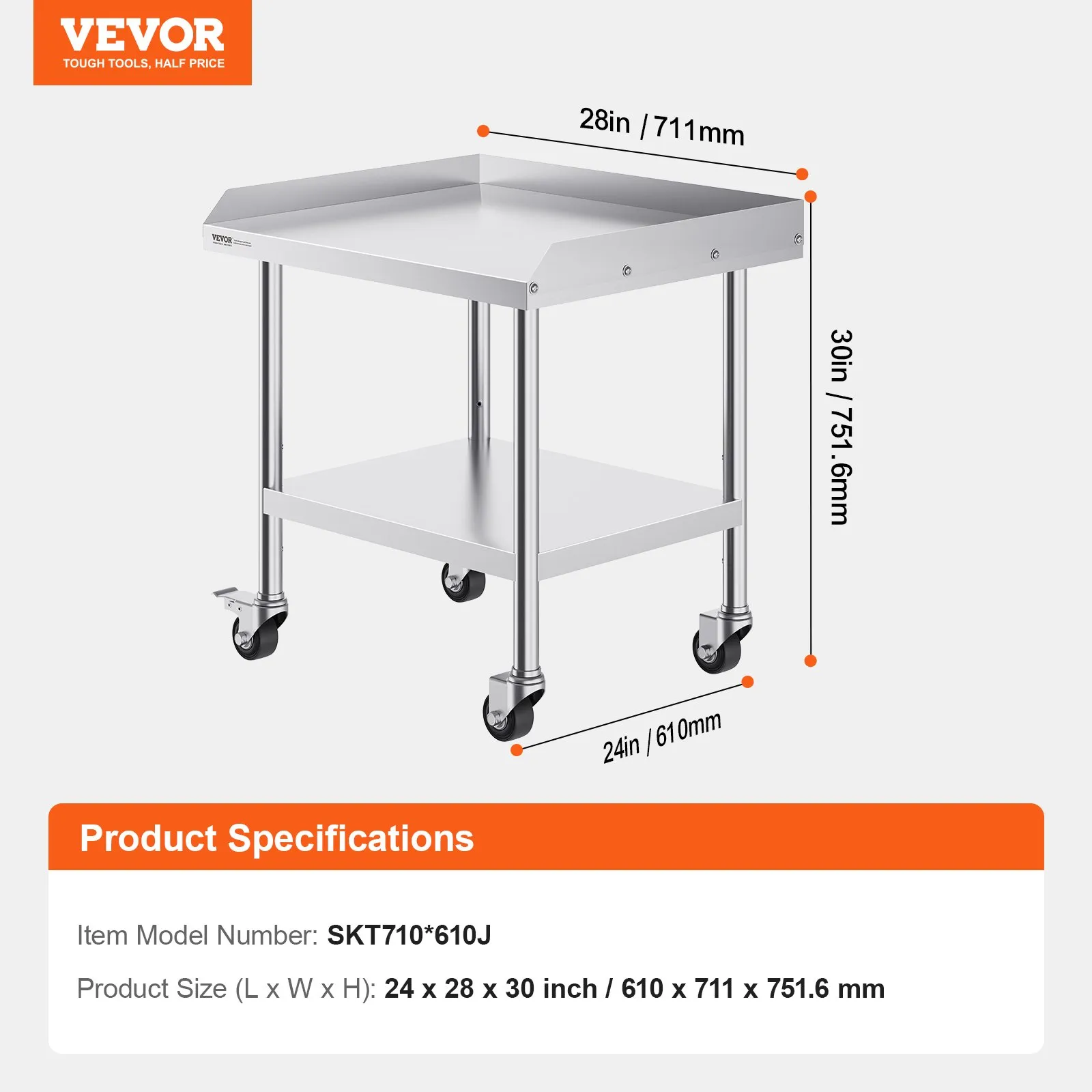 Pracovný stôl z nehrdzavejúcej ocele, 610 x 711 x 762 mm, pracovný stôl na prípravu jedla so 4 kolieskami, otočné kolieska, 3-stranná ochrana proti striekajúcej vode, kovový pracovný stôl do reštaurácií – Obrázok 5
